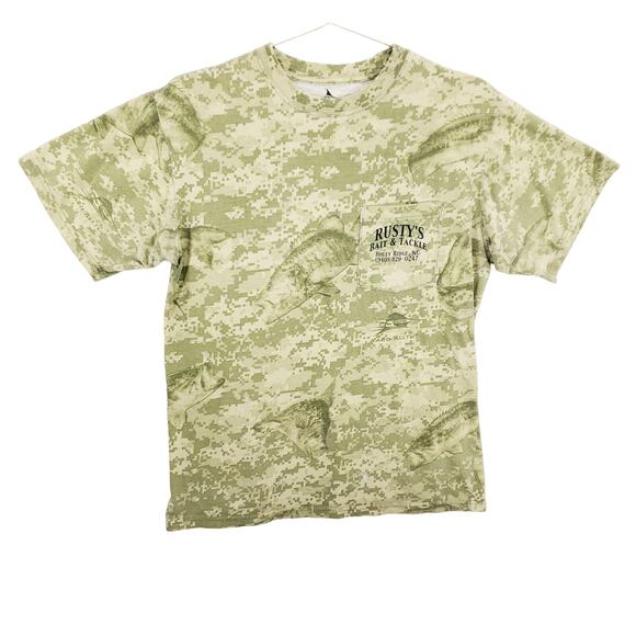 Rustys Bait & Tackle T Shirt Adult Medium Green Digital Camo Holly Ridge NC Top - Picture 1 of 6